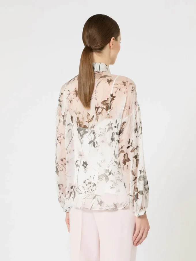 Bluse i trykt chiffon, hvit Bluse i trykt chiffon, hvit