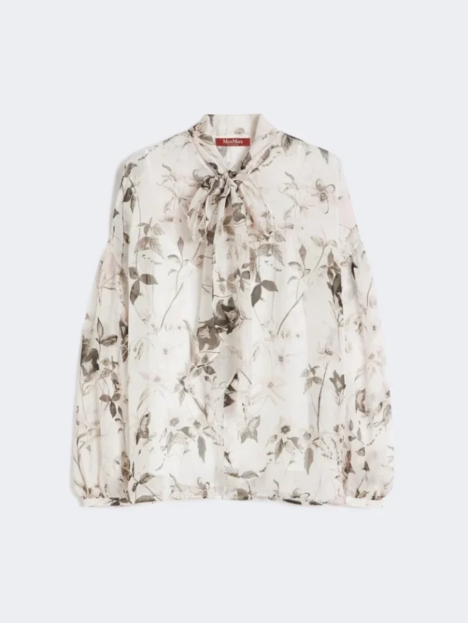 Bluse i trykt chiffon, hvit Bluse i trykt chiffon, hvit