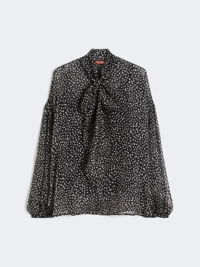 Bluse i trykt chiffon, svart Bluse i trykt chiffon, svart