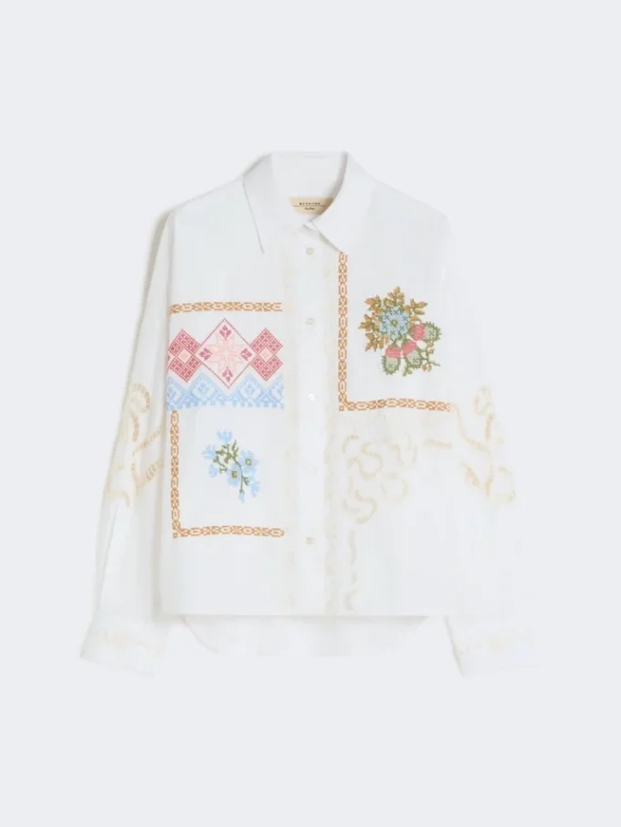 Bomullsbluse med blonder og broderier, hvit
