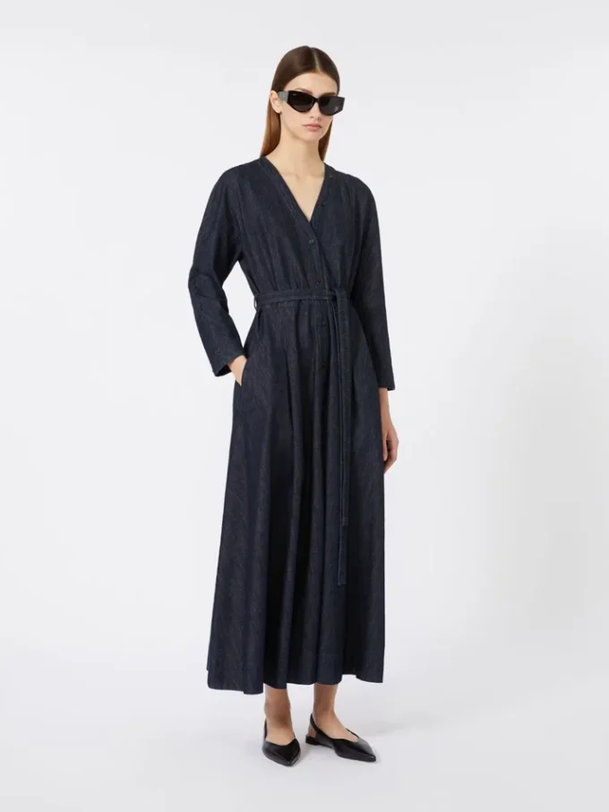 Bomullsdenimkjole med belte, ultramarin