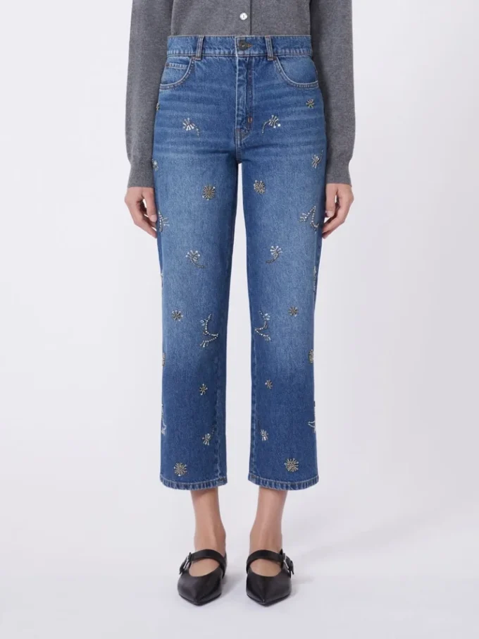 Broderte jeans i denim, marineblå