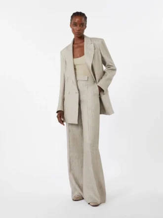 Bukser i lin-twill med fiskebeinmønster, beige