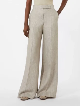 Bukser i lin-twill med fiskebeinmønster, beige