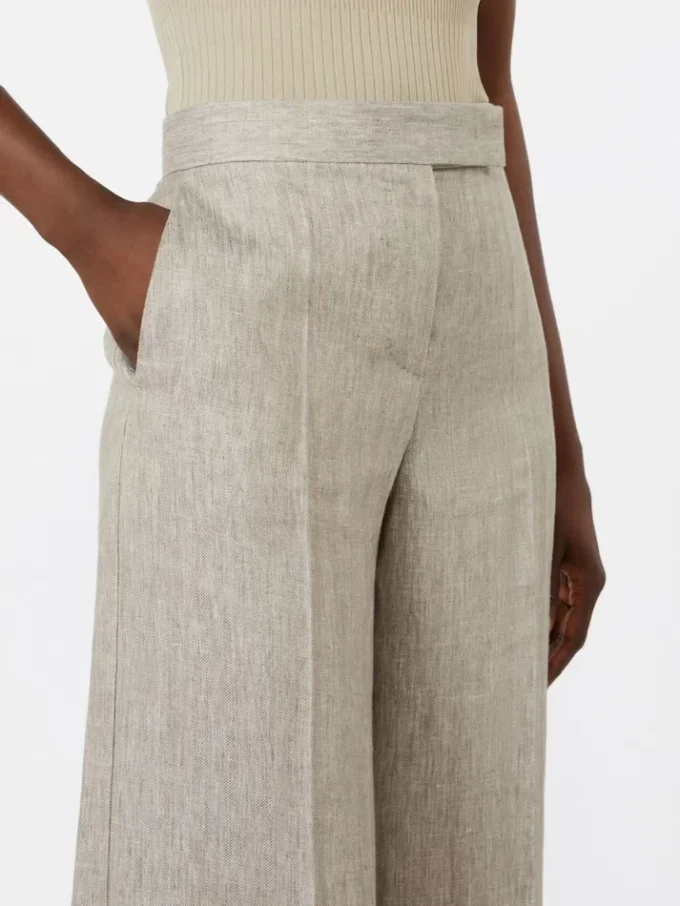 Bukser i lin-twill med fiskebeinmønster, beige