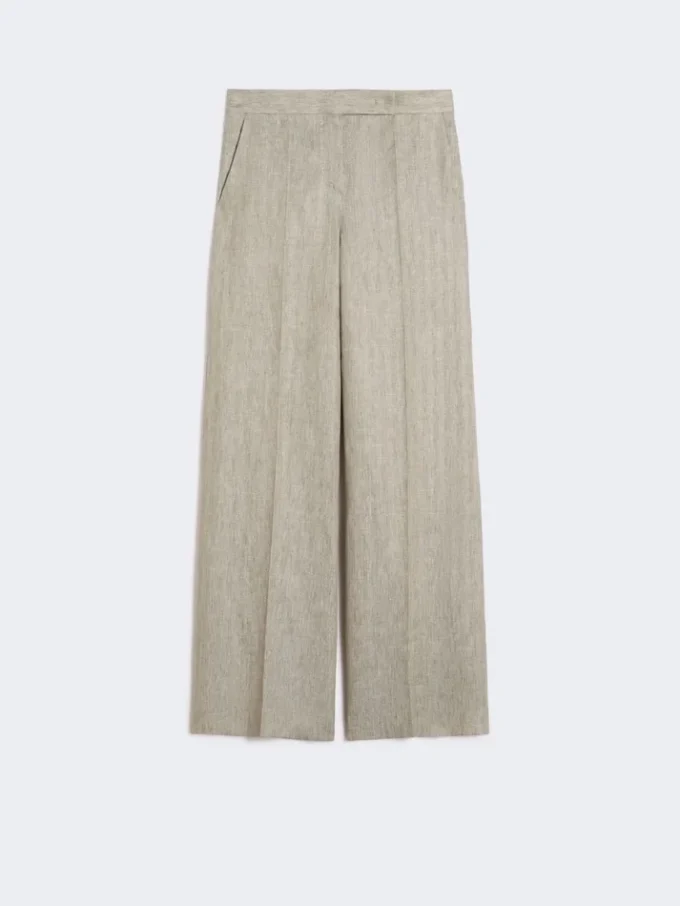 Bukser i lin-twill med fiskebeinmønster, beige