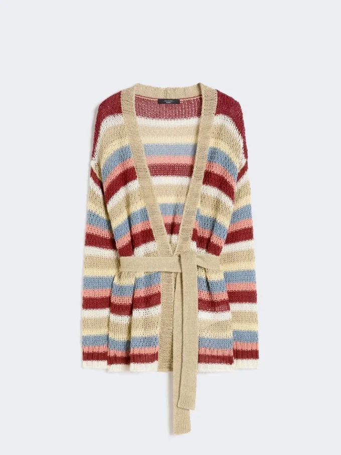 Cardigan i lin med belte, kirsebær Cardigan i lin med belte, kirsebær