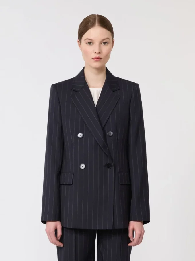Dobbeltradet blazer i ull med nålestriper, marineblå