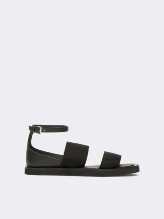 Flate sandaler i skinn og elastisk bånd, svart