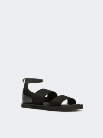 Flate sandaler i skinn og elastisk bånd, svart