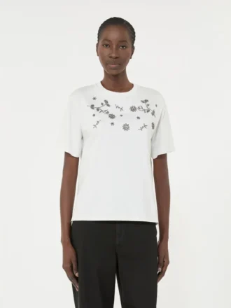 Jersey-T-skjorte med trykk og broderi, hvit