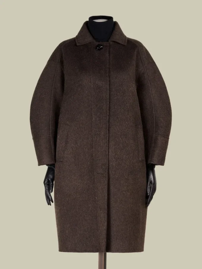 Kokonfrakk i ull og mohair, brun Kokonfrakk i ull og mohair, brun