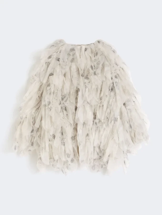 Kort overfrakk med blomsterblader i trykt organza, perlegrå Kort overfrakk med blomsterblader i trykt organza, perlegrå