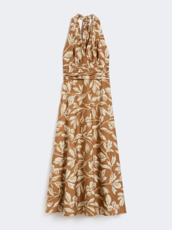 Lang kjole i trykt poplin, karamell Lang kjole i trykt poplin, karamell