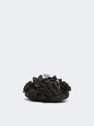 Liten pasticcino-veske med raffia-effekt og blomster, svart
