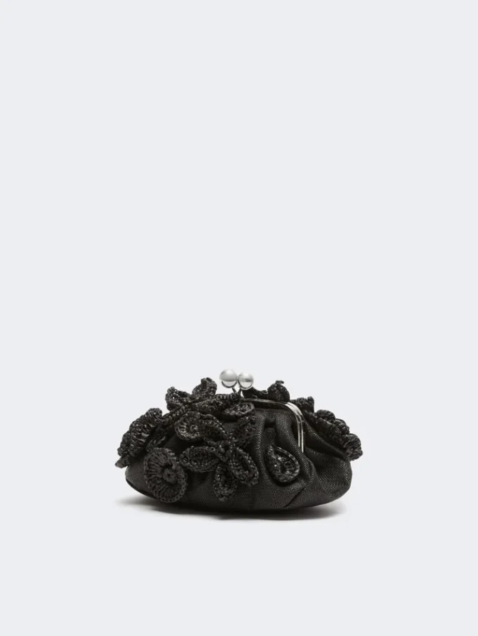 Liten pasticcino-veske med raffia-effekt og blomster, svart