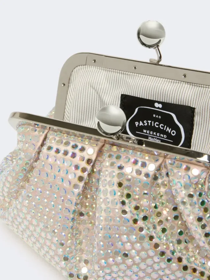 Liten satengveske i pasticcino-stil med rhinestones, antikkrosa