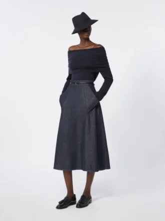 Midi-skjørt i bomull med denim-look, midnattsblått