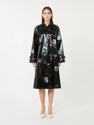 Midi-trenchcoat i gabardin med vinyleffekt, svart