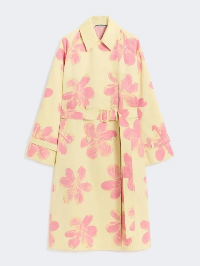 Midi-trenchcoat i mønstret, vannavvisende gabardin, gul Midi-trenchcoat i mønstret, vannavvisende gabardin, gul