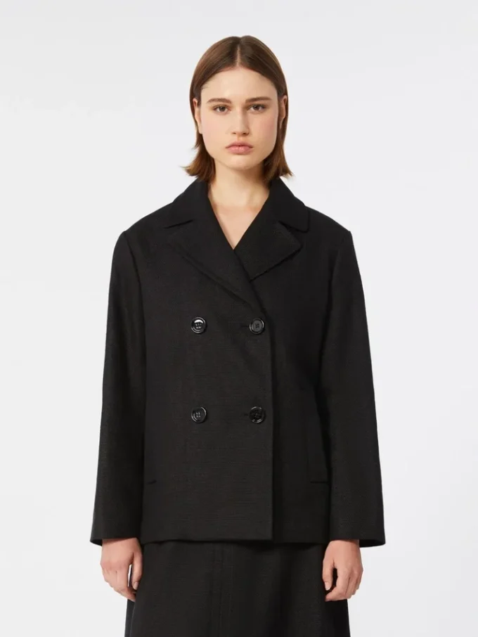 Peacoat i bomull og lin med kurvvev, svart