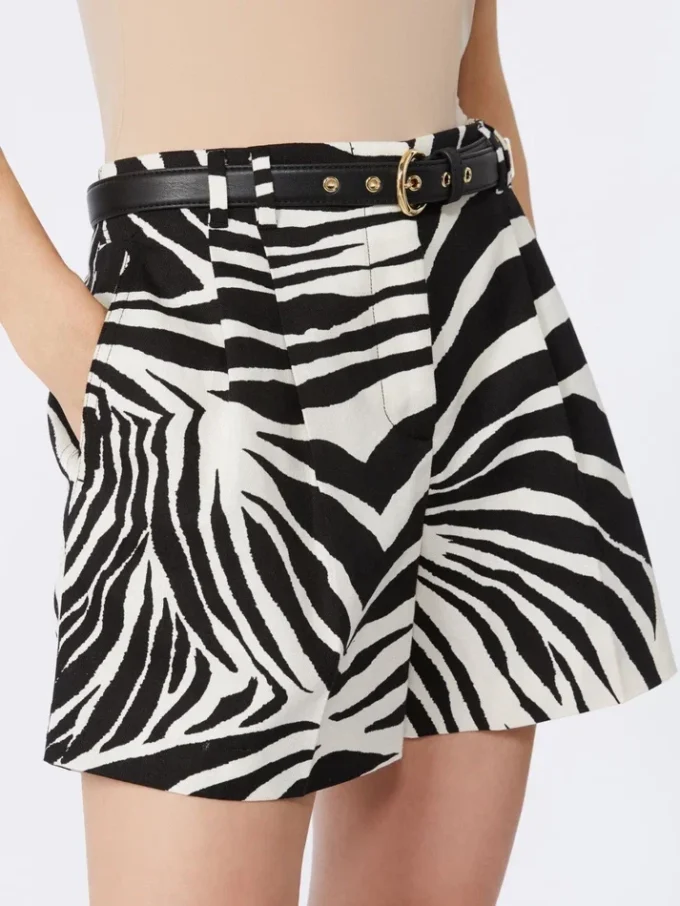 Shorts i trykt bomull og lin, svart