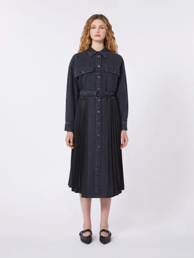 Skjortekjole i denim og sateng, svart Skjortekjole i denim og sateng, svart