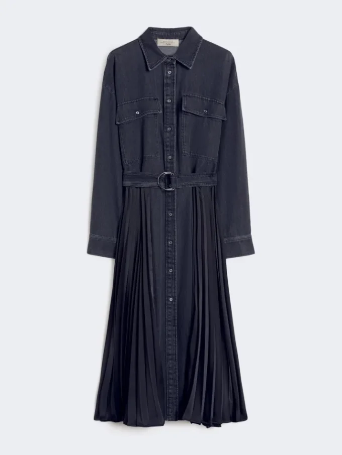Skjortekjole i denim og sateng, svart Skjortekjole i denim og sateng, svart