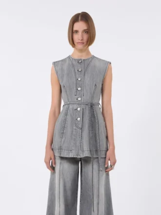 Slim-fit ermeløs denimtop, svart