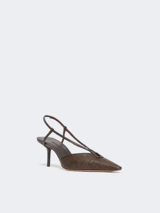 Slingbacks i kanvas med raffia-look, mørkebrune