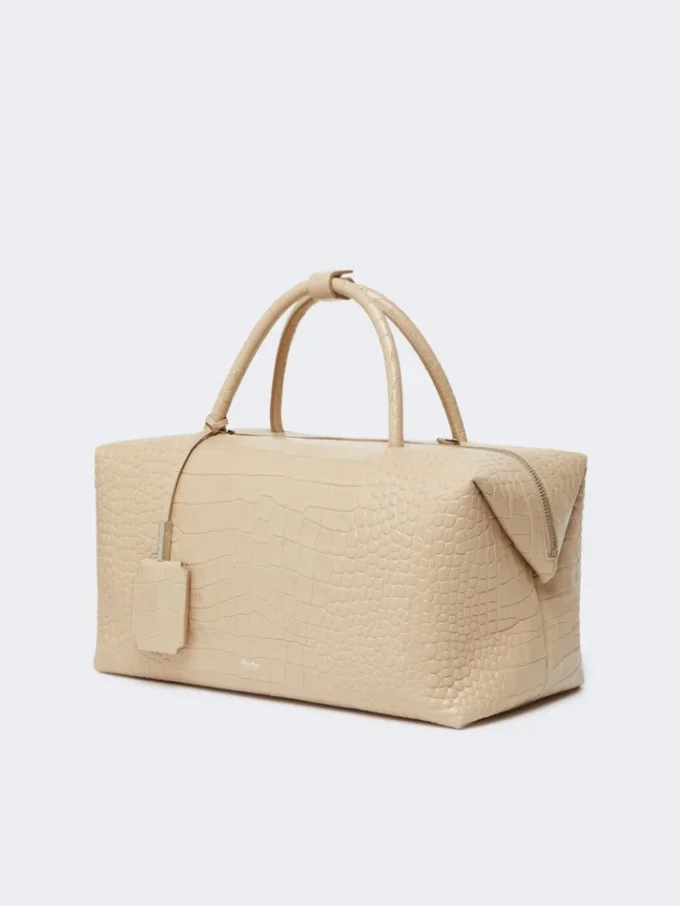 Stor bostonbag i skinn med krokodillemønster, is Stor bostonbag i skinn med krokodillemønster, is