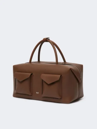 Stor bostonbag i skinn med lommer, brun