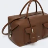 Stor bostonbag i skinn med lommer, brun