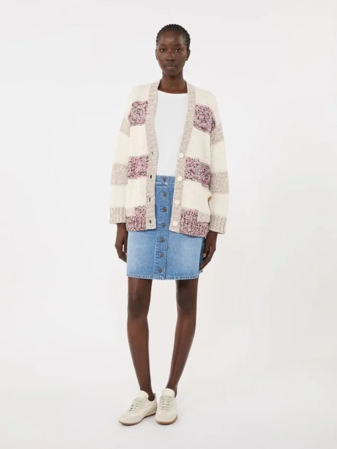 Stripet cardigan i ull og bomull, sand