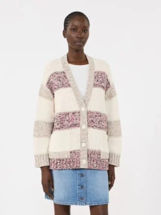 Stripet cardigan i ull og bomull, sand