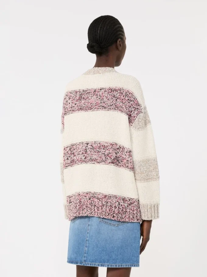 Stripet cardigan i ull og bomull, sand