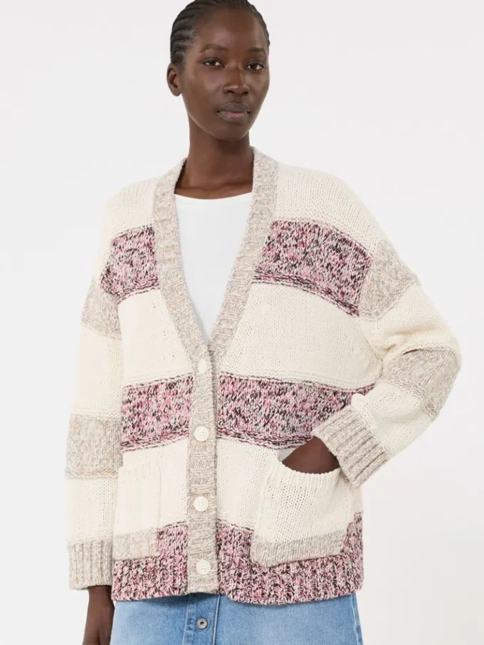 Stripet cardigan i ull og bomull, sand