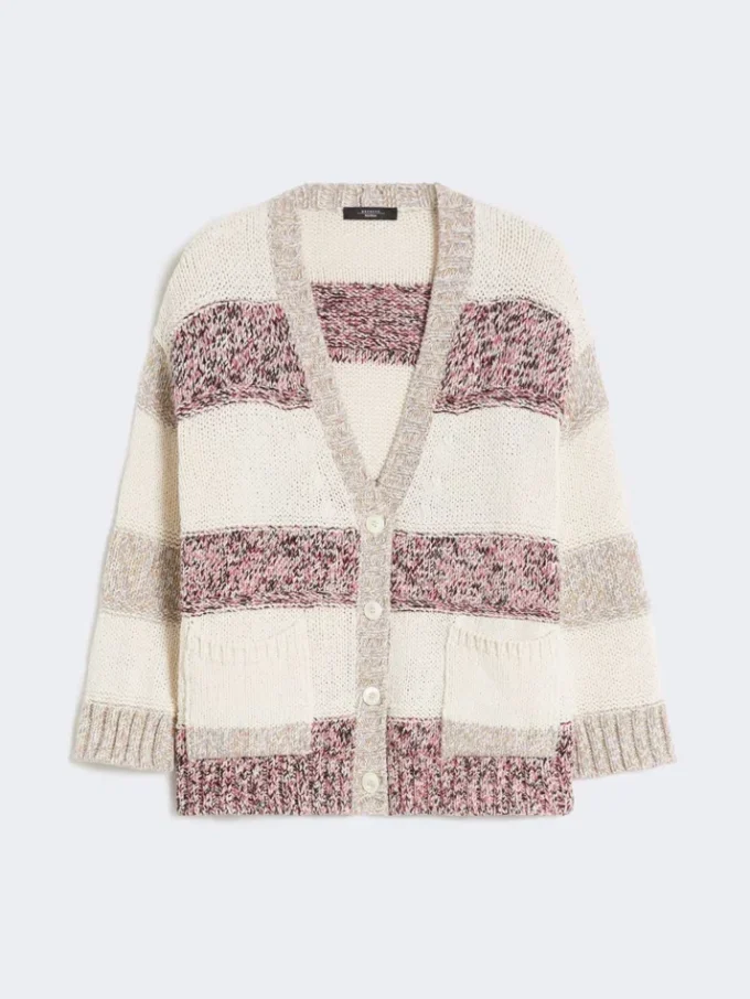 Stripet cardigan i ull og bomull, sand