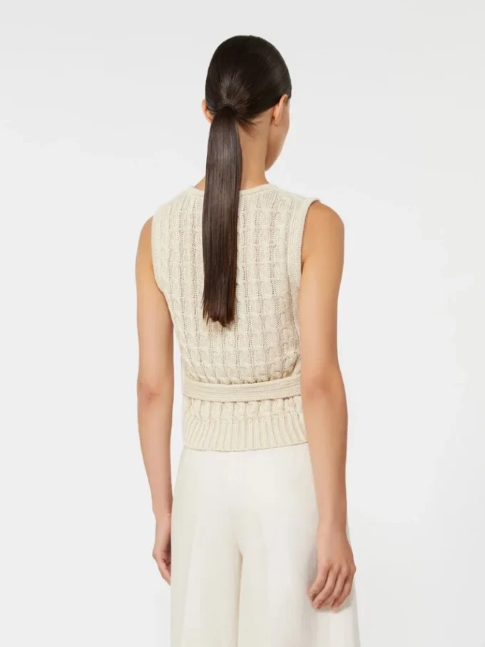 Vest i lin og kabelstrikk, beige
